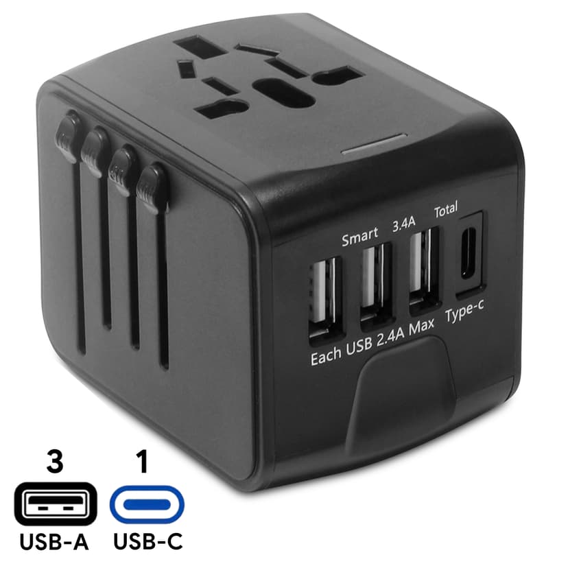 Universal Travel Adaptor with USB-C and 3 USB Ports — 150+ Countries — View 1