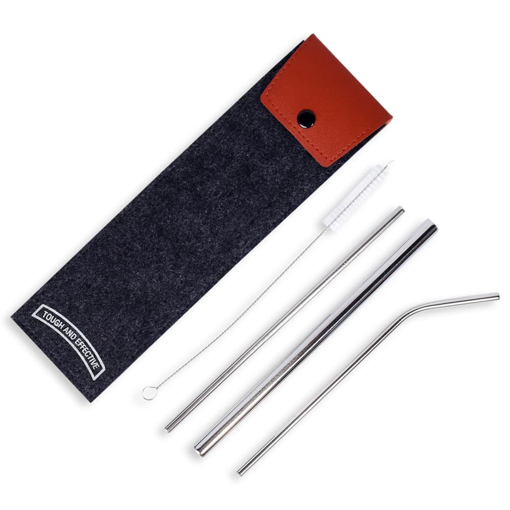 Stainless Steel Reusable Metal Straw Set in Felt Pouch — View 1
