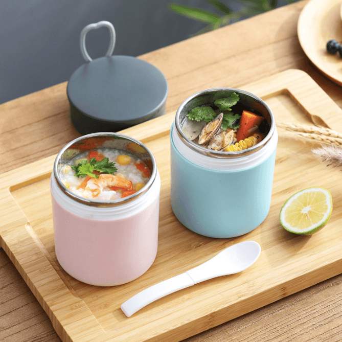 Insulated Stainless Steel Food Container with Foldable Spoon Inside — View 1