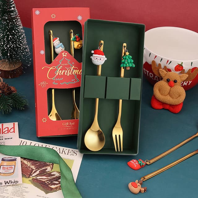 Festive Christmas Cutlery Fork and Spoon Gift Box Set — View 2