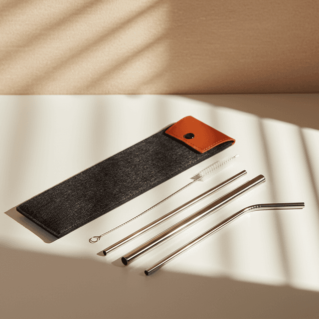 Stainless Steel Reusable Metal Straw Set in Felt Pouch — View 4