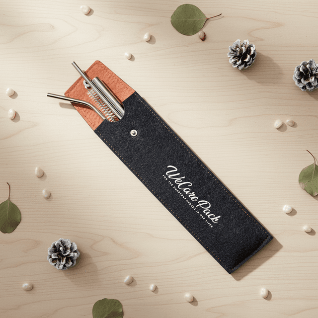 Stainless Steel Reusable Metal Straw Set in Felt Pouch — View 2